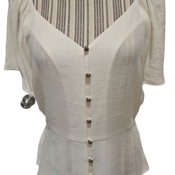 OLM Women Off/On Shoulder Button down Peplum Blouse Semi sheer Size L - Picture 3 of 13